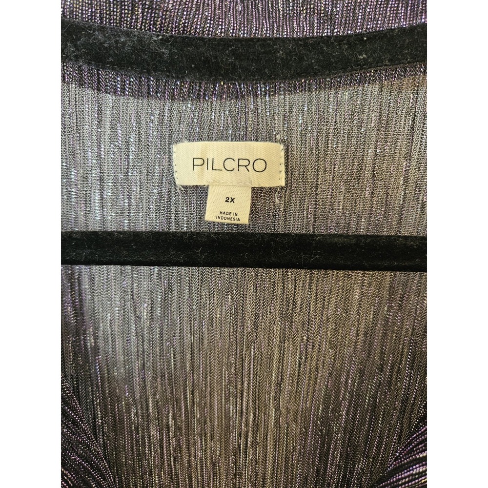 NWT Pilcro by Anthropologie Black/Purple Metallic V-Neck Button-Down Shirt +2X - Picture 2 of 10